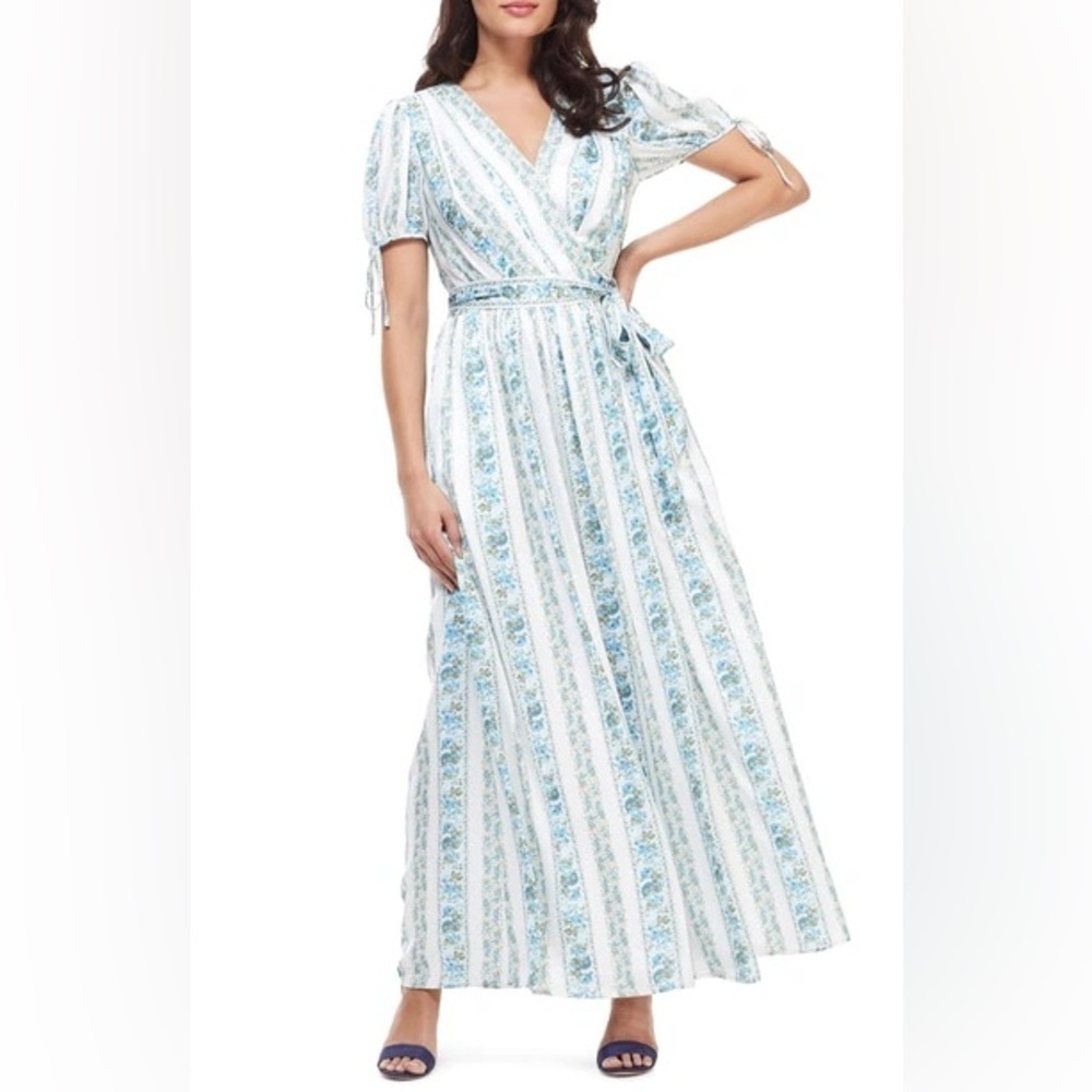 Gal Meets Glam Imogene Blue Floral Maxi Dress Striped Wrap Waist V Neck Size 2